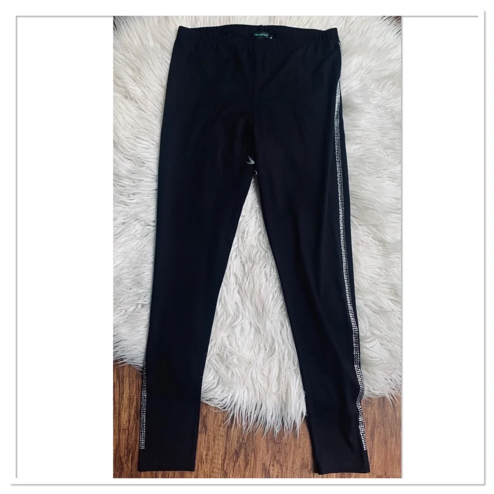 NWT Tricotto Rhinestone Side Stripe Leggings Black Silver Size Medium